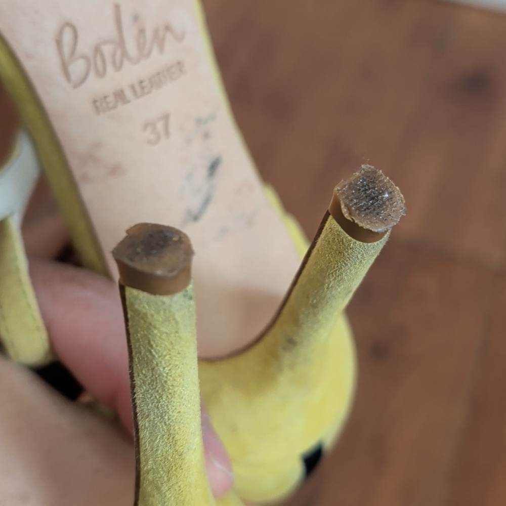 Boden Trisha Yellow and Black Polka Dot Cowhide Pointy Toe Strappy Heels - Picture 16 of 16
